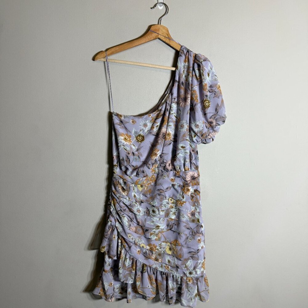 ASTR The Label Periwinkle Floral One Shoulder Tulip Mini Dress Women's Medium - Picture 4 of 14